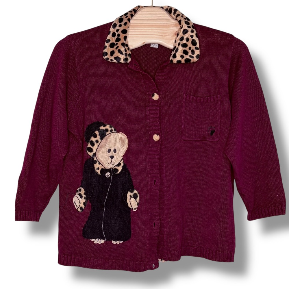 The Boyds Collection Ltd Burgundy Teddy Bear Embroidered Cardigan Sweater 1X Y2K